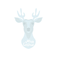 Blue deer icon. The head of a blue deer with horns and the text "merry Christmas". Element for design for  Christmas. 