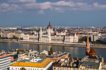 Hungarian parliament building at Danube river in Budapest city, Hungary. Cloudy day in autumn