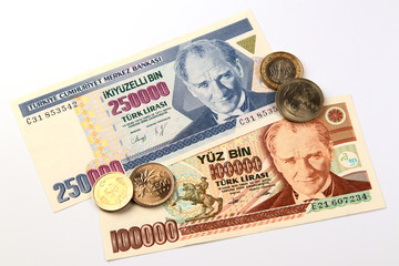 Turkish lira coins and banknote, currency of Turkey