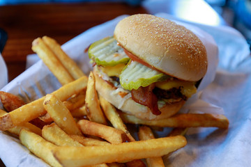 Burger with peanut butter and french fries