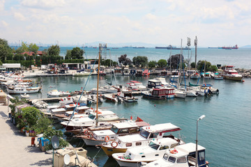 Beautiful view of modern boats at pier