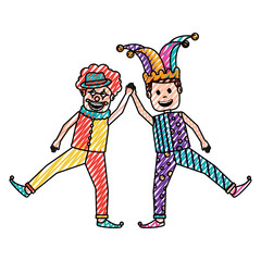 funny happy clown and man with jester clothes hat characters