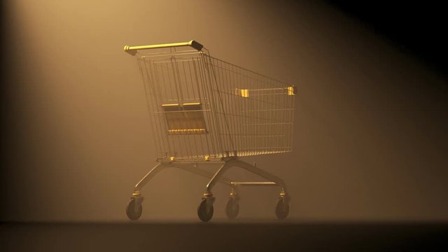 Moody, foggy, dramatic shot of an empty metal shopping cart in a spotlight. 4KHD