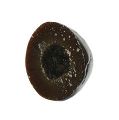 Slice of black olive on white background