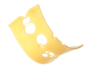 Slice of tasty cheese on white background