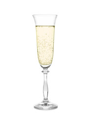 Glass of champagne on white background. Festive drink