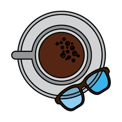 coffee cup in dish and glasses top view