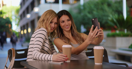 Portrait of couple of happy girlfriends sitting at table taking selfie 