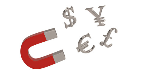 Creative financial concept big magnet with currency signs isolated on white background 3D illustration.