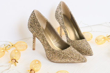 Womens gold chunky glitter pumps. Shoes for wedding, christmas, new year, evening, cocktail, night...