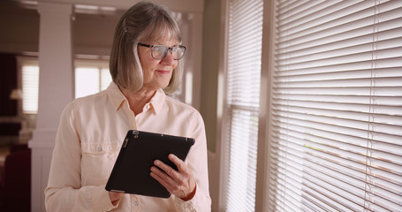 Gentle mature lady using wireless pad device by window in living room