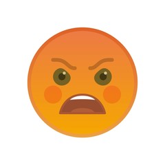 Angry emoticon isolated on white background. Furious yellow emoji symbol. Social communication and internet chatting vector element. Screaming smile face with facial expression in flat style.