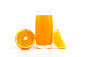 Fresh orange and glass with juice on white background