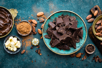 Chocolate. Dark bitter chocolate chunks, cacao butter, cocoa powder and cocoa beans. Chocolate...
