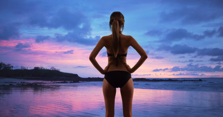 Fototapeta na wymiar Rear view of fit woman in black swimsuit with hands on hips at serene beach