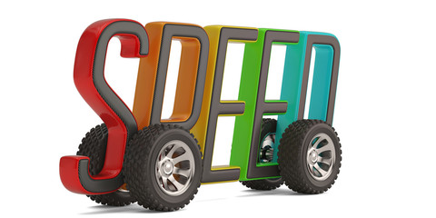Creative concept speed words with wheels isolated on white background 3D illustration.