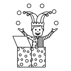 happy joker in the box with jester hat and balls trick