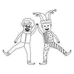 funny happy clown and man with jester clothes hat characters