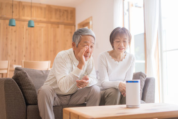 リビングでスマートスピーカーに話しかけるシニア夫婦