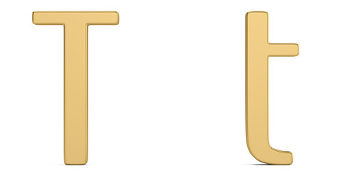 Gold metal t alphabet isolated on white background 3D illustration.