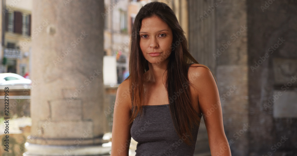 Wall mural beautiful smiling tourist woman visiting the pantheon in rome italy