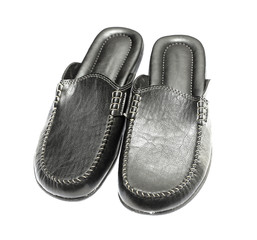 men's leather black slippers on a white background