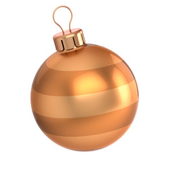 Christmas ball golden. New Year's Eve bauble decoration yellow glossy sphere hanging adornment. Merry Xmas symbol. 3d illustration