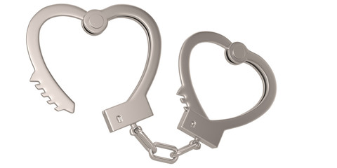 Handcuffs in the form of heart isolated on white background 3D illustration.