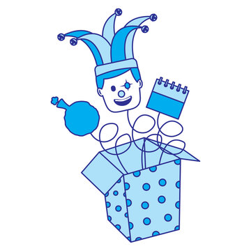 blue jester popping out of polka dot box clip art preview