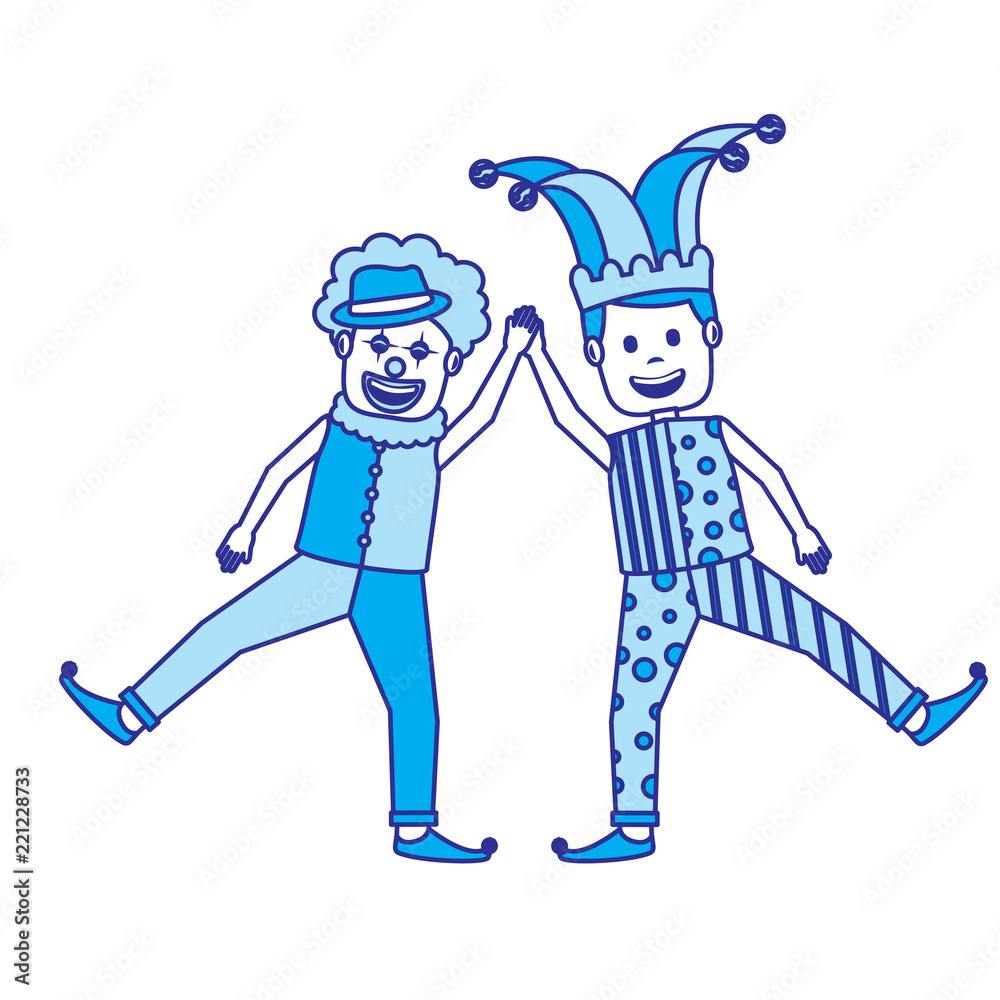 Wall mural funny happy clown and man with jester clothes hat characters