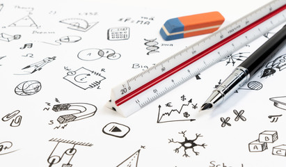 STEM education background concept. STEM - science, technology, engineering and mathematics background with pen, ruler and doodle icon education.