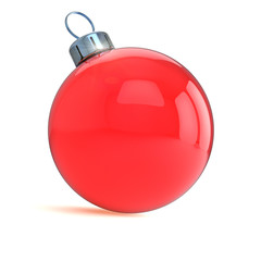 Christmas ball bauble red shiny. Happy New Year decoration hanging adornment classic. Traditional wintertime ornament sparkling. Merry Xmas symbol glossy. 3d illustration