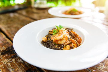 Black spaghetti with seafood