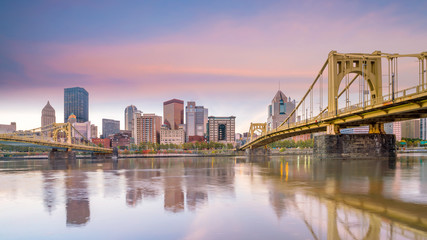 Naklejka na ściany i meble Downtown skyline of Pittsburgh, Pennsylvania at sunset