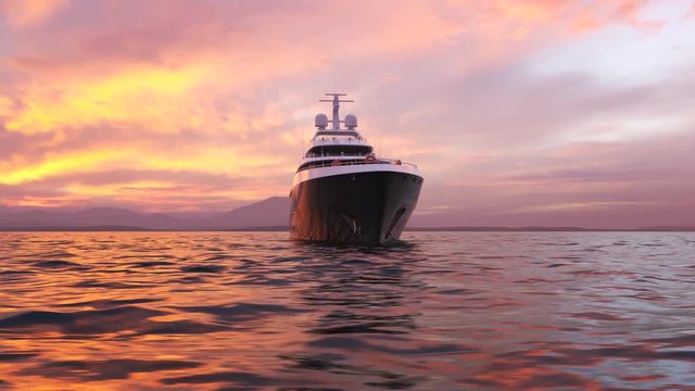 Big, luxury yacht sailing in the open sea during beautiful pink sunset. 4K HD