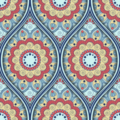 Seamless pattern with ethnic mandala ornament. Hand drawn vector illustration