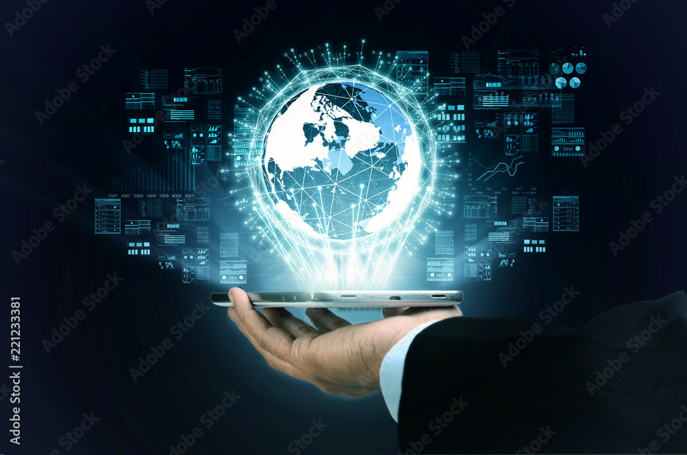 Poster a businessman showing internet big data computing process in his hand
