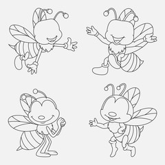Cartoon Bee thin lines collection isolated on white background