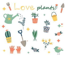 Hand drawn plant collection. Planting decorative elements. Vector illustration.