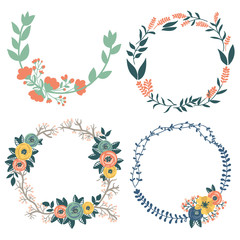 Hand drawn design of colorful floral wreaths elements set.  For invitation and wedding card.Vector illustration design.