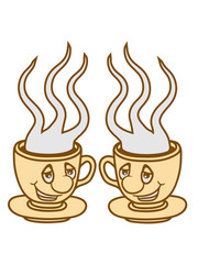 2 freunde team paar gesicht lebendig dampf heiß glas tasse tee kanne kaffee trinken durst kochen getränk schwarztee café lecker comic cartoon clipart