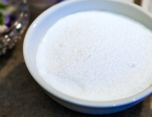 Macro Closeup of a Bowl Filled with Refined White Sugar