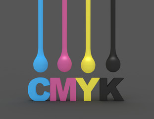 3D cmyk ink drops isolated on gray and word cmyk