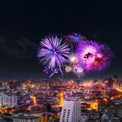 firework celebration in Bangkok city skyline with  Twilight night and firework lighting in bangkok cityscape background, Thailand.