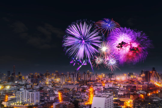 firework celebration in Bangkok city skyline with  Twilight night and firework lighting in bangkok cityscape background, Thailand.