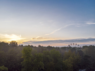 amusement park skyline in sunrise time. aerial view