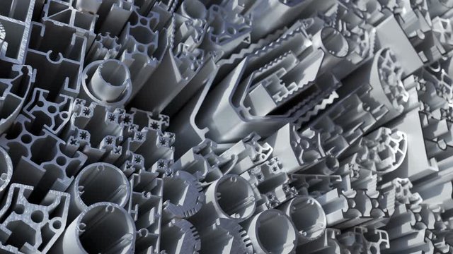 Complex lightweight extruded aluminium profiles stacked in an endless loop. 4KHD