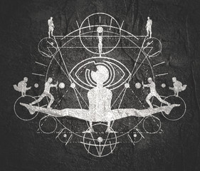 Mystery, witchcraft, occult and alchemy tattoo sign. Mystical vintage gothic geometry thin lines symbol with silhouettes of a men, woman and eye