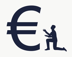 Silhouette of man in prayer pose. Man and symbol of euro currency