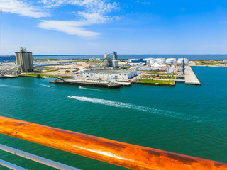 Cape Canaveral, USA. The arial view of port Canaveral from cruise ship, docked in Port Canaveral, Brevard County, Florida